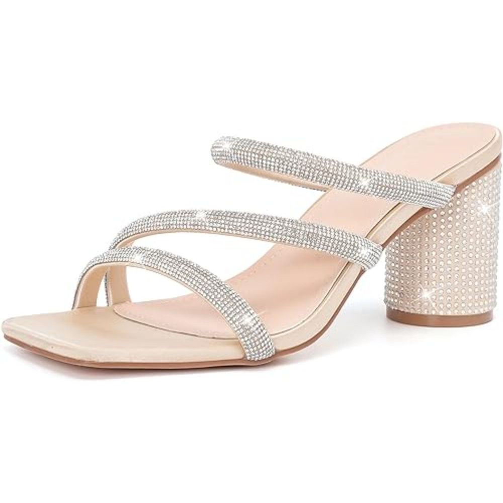 Women's Rhinestone Cream Heeled Sandals Square Toe Strappy Chunky Block Heels